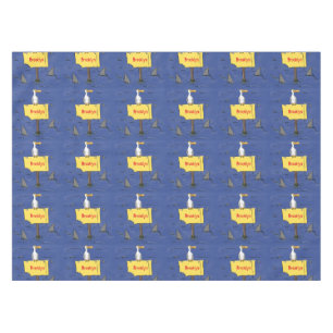 Funny sea bird circled by sharks cartoon tablecloth