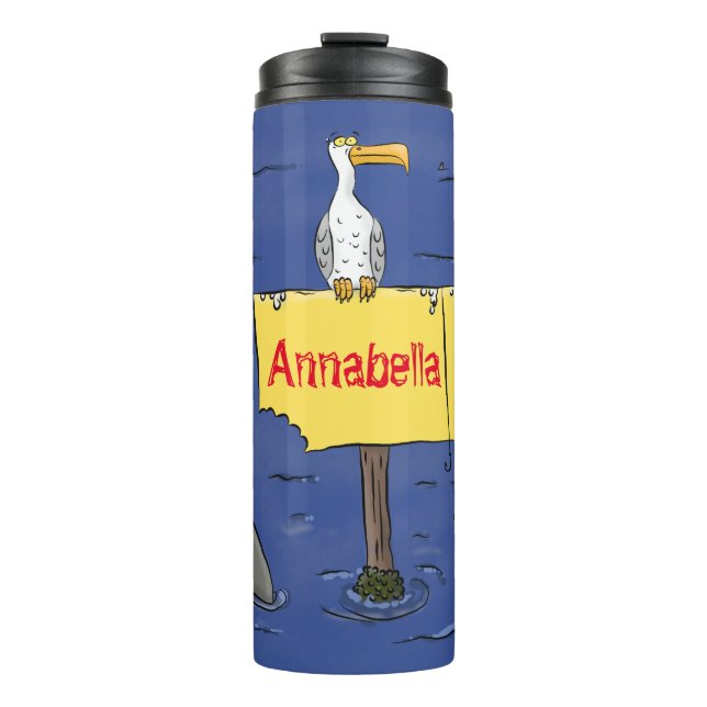Funny sea bird circled by sharks cartoon thermal tumbler (Front)