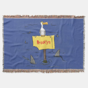 Funny sea bird circled by sharks cartoon throw blanket