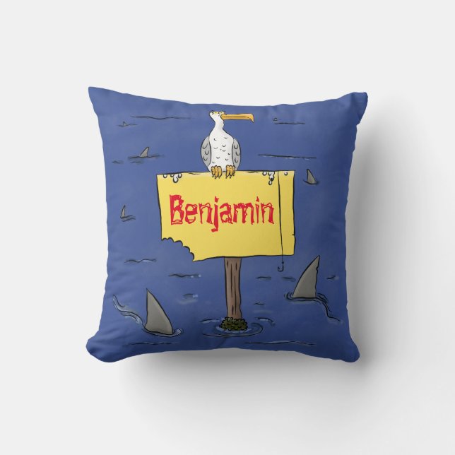 Funny sea bird circled by sharks cartoon throw pillow (Front)