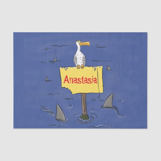 Funny sea bird circled by sharks cartoon tissue paper (Front)