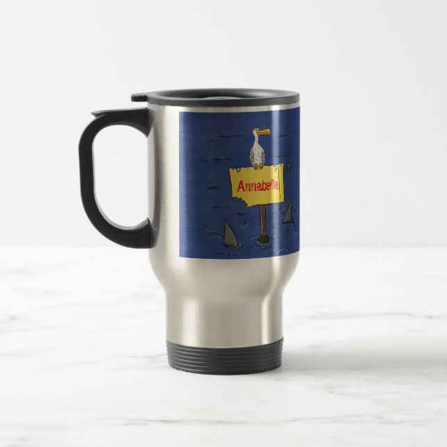 Funny sea bird circled by sharks cartoon travel mug (Left)