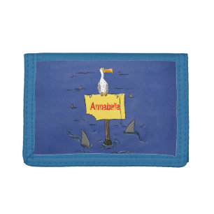 Funny sea bird circled by sharks cartoon tri-fold wallet