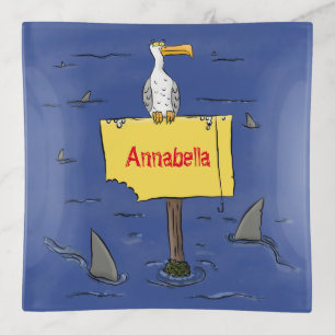 Funny sea bird circled by sharks cartoon trinket tray