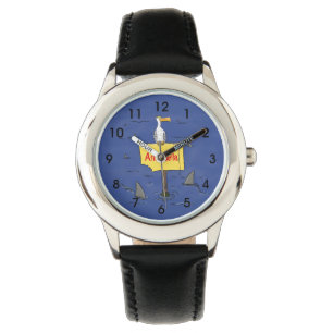 Funny sea bird circled by sharks cartoon  watch