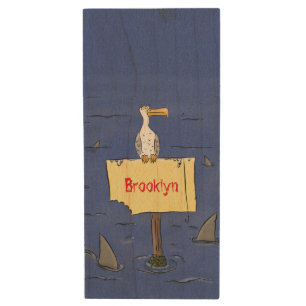 Funny sea bird circled by sharks cartoon wood flash drive
