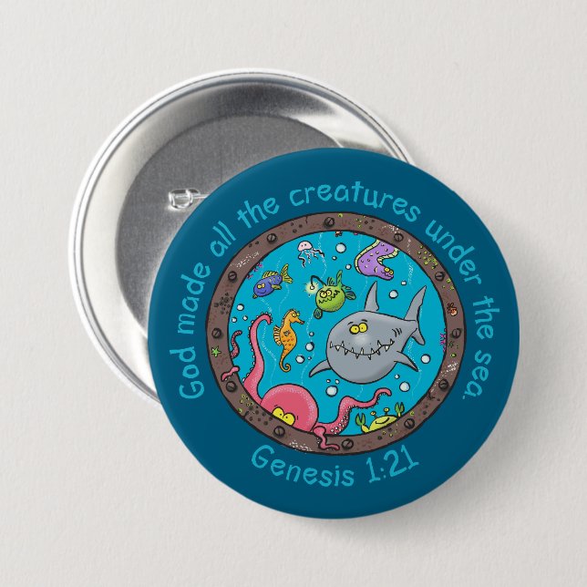 Funny sea creatures cartoon bible verse for kids button (Front & Back)