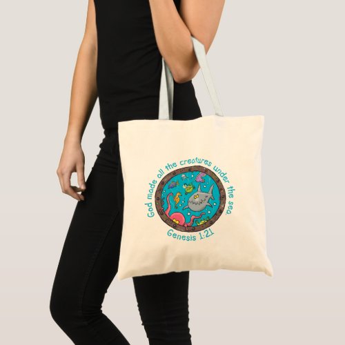 Funny sea creatures cartoon bible verse for kids tote bag