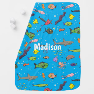 Funny sea creatures cartoon illustration baby blanket