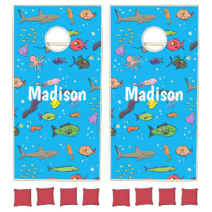 Funny sea creatures cartoon illustration cornhole set