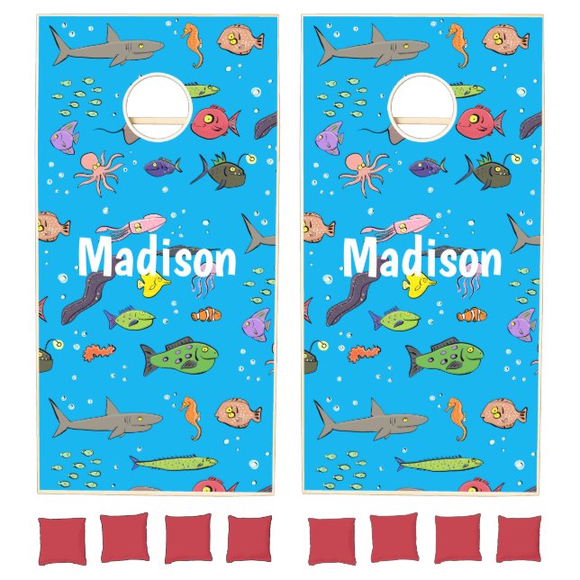Funny sea creatures cartoon illustration cornhole set (Set)