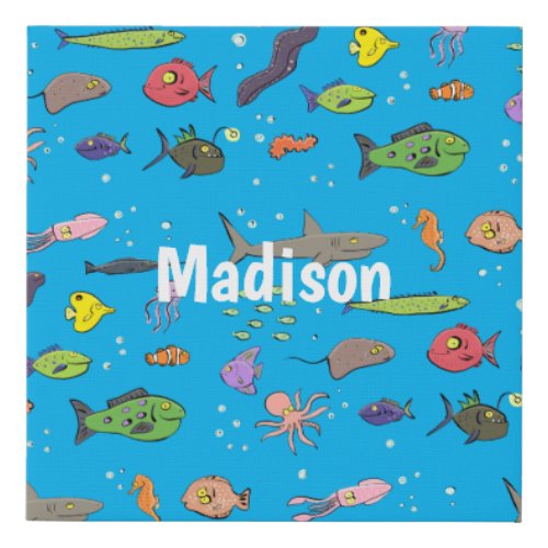 Funny sea creatures cartoon illustration faux canvas print