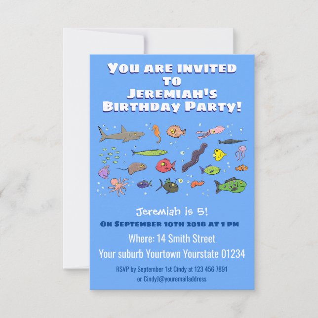 Funny sea creatures cartoon illustration invitatio invitation (Front)