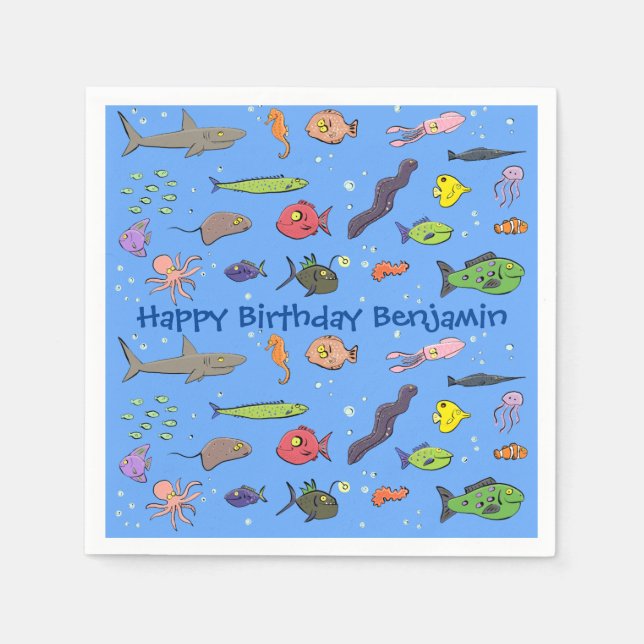 Funny sea creatures cartoon illustration napkins (Front)