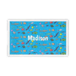 Funny sea creatures cartoon illustration pattern acrylic tray