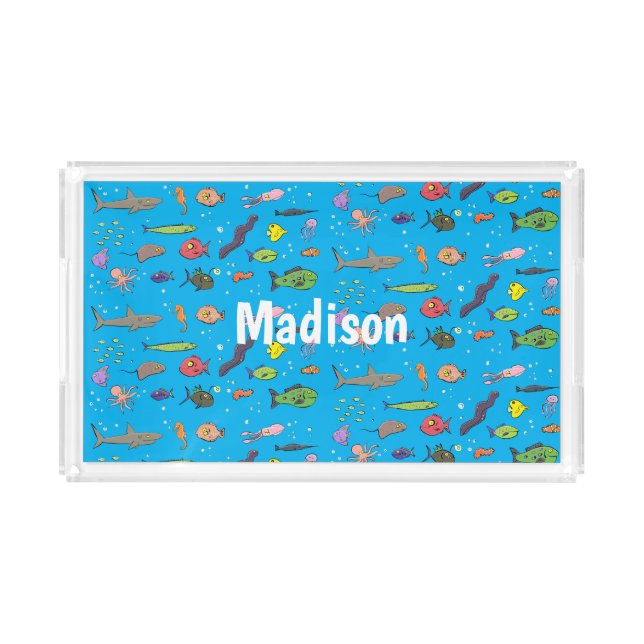 Funny sea creatures cartoon illustration pattern acrylic tray (Front)