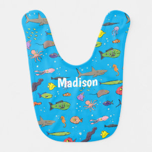 Funny sea creatures cartoon illustration pattern baby bib