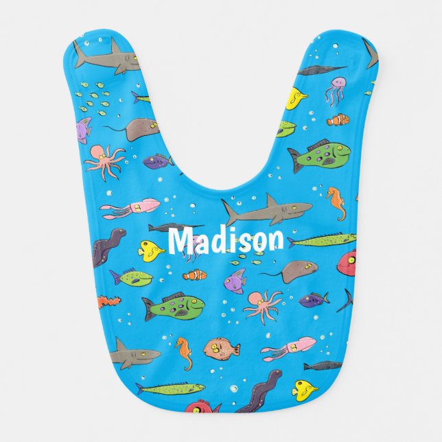 Funny sea creatures cartoon illustration pattern baby bib (Front)