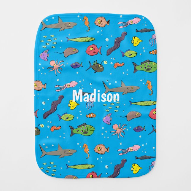 Funny sea creatures cartoon illustration pattern baby burp cloth (Front)