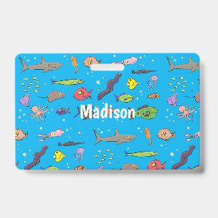 Funny sea creatures cartoon illustration pattern badge