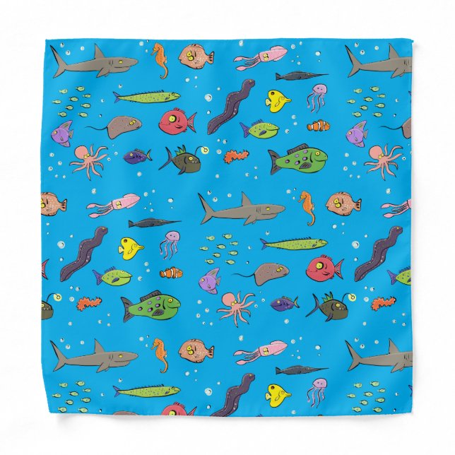 Funny sea creatures cartoon illustration pattern  bandana (Front)