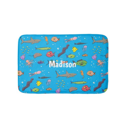 Funny sea creatures cartoon illustration pattern bath mat