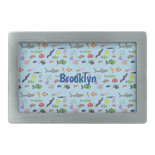 Funny sea creatures cartoon illustration pattern belt buckle (Front)