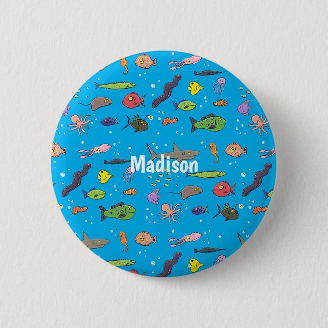 Funny sea creatures cartoon illustration pattern button (Front)