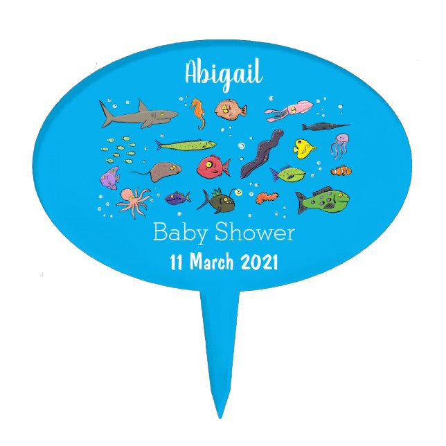 Funny sea creatures cartoon illustration pattern cake topper (Front)