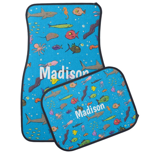 Funny sea creatures cartoon illustration pattern  car floor mat (Set)