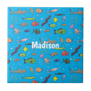 Funny sea creatures cartoon illustration pattern ceramic tile