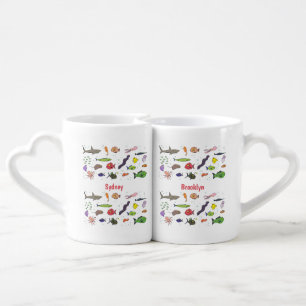Funny sea creatures cartoon illustration pattern coffee mug set