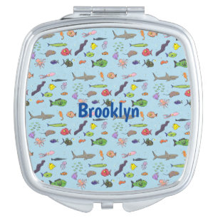 Funny sea creatures cartoon illustration pattern compact mirror