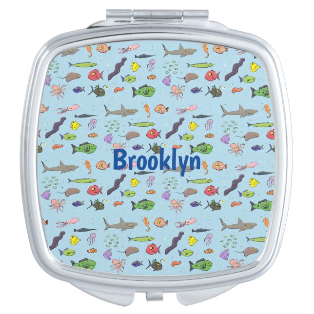 Funny sea creatures cartoon illustration pattern compact mirror (Front)