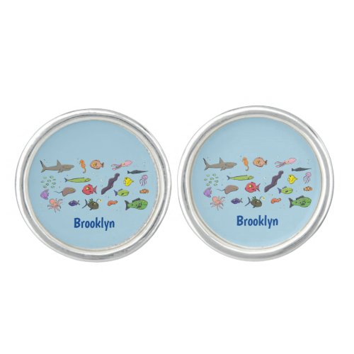 Funny sea creatures cartoon illustration pattern cufflinks