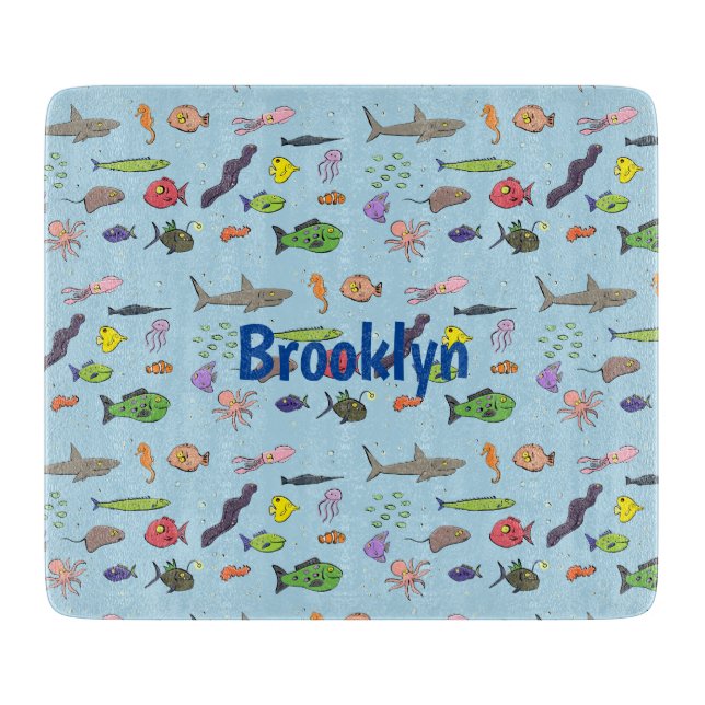 Funny sea creatures cartoon illustration pattern cutting board (Front)