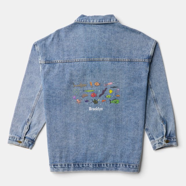 Funny sea creatures cartoon illustration pattern denim jacket (Back)