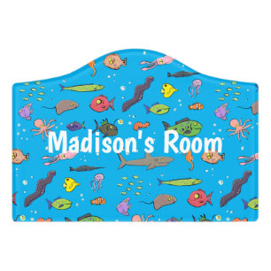 Funny sea creatures cartoon illustration pattern door sign