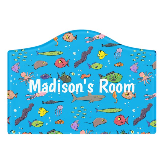 Funny sea creatures cartoon illustration pattern door sign (Small Crest Front)