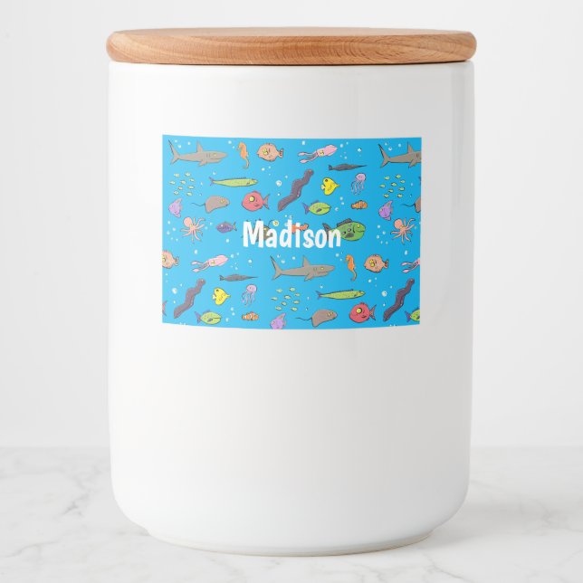 Funny sea creatures cartoon illustration pattern food label (Front)