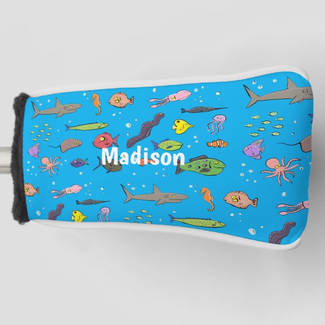 Funny sea creatures cartoon illustration pattern golf head cover (Front)