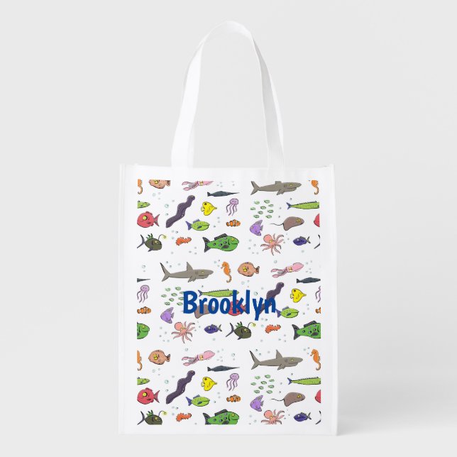 Funny sea creatures cartoon illustration pattern grocery bag (Front)
