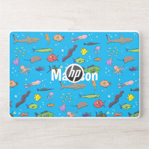 Funny sea creatures cartoon illustration pattern HP laptop skin