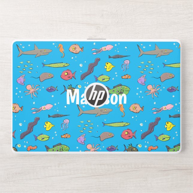 Funny sea creatures cartoon illustration pattern HP laptop skin (Front)