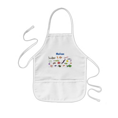 Funny sea creatures cartoon illustration pattern kids apron