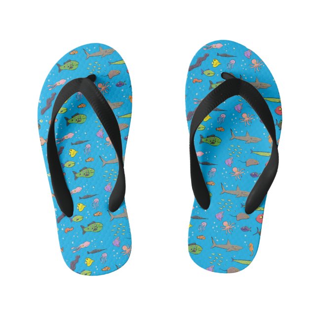 Funny sea creatures cartoon illustration pattern kid's flip flops (Footbed)