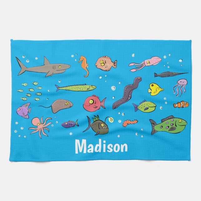 Funny sea creatures cartoon illustration pattern kitchen towel (Horizontal)
