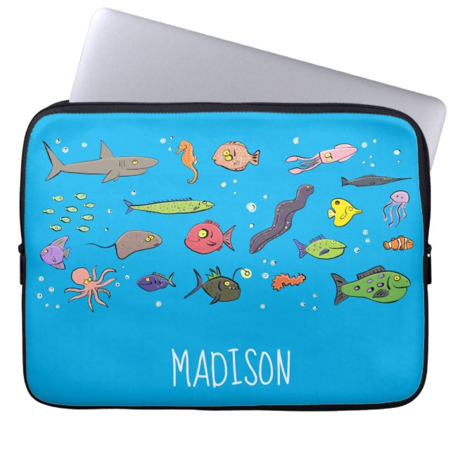 Funny sea creatures cartoon illustration pattern laptop sleeve (Front)