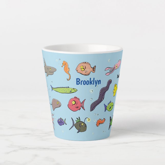 Funny sea creatures cartoon illustration pattern latte mug (Front)