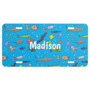 Funny sea creatures cartoon illustration pattern license plate